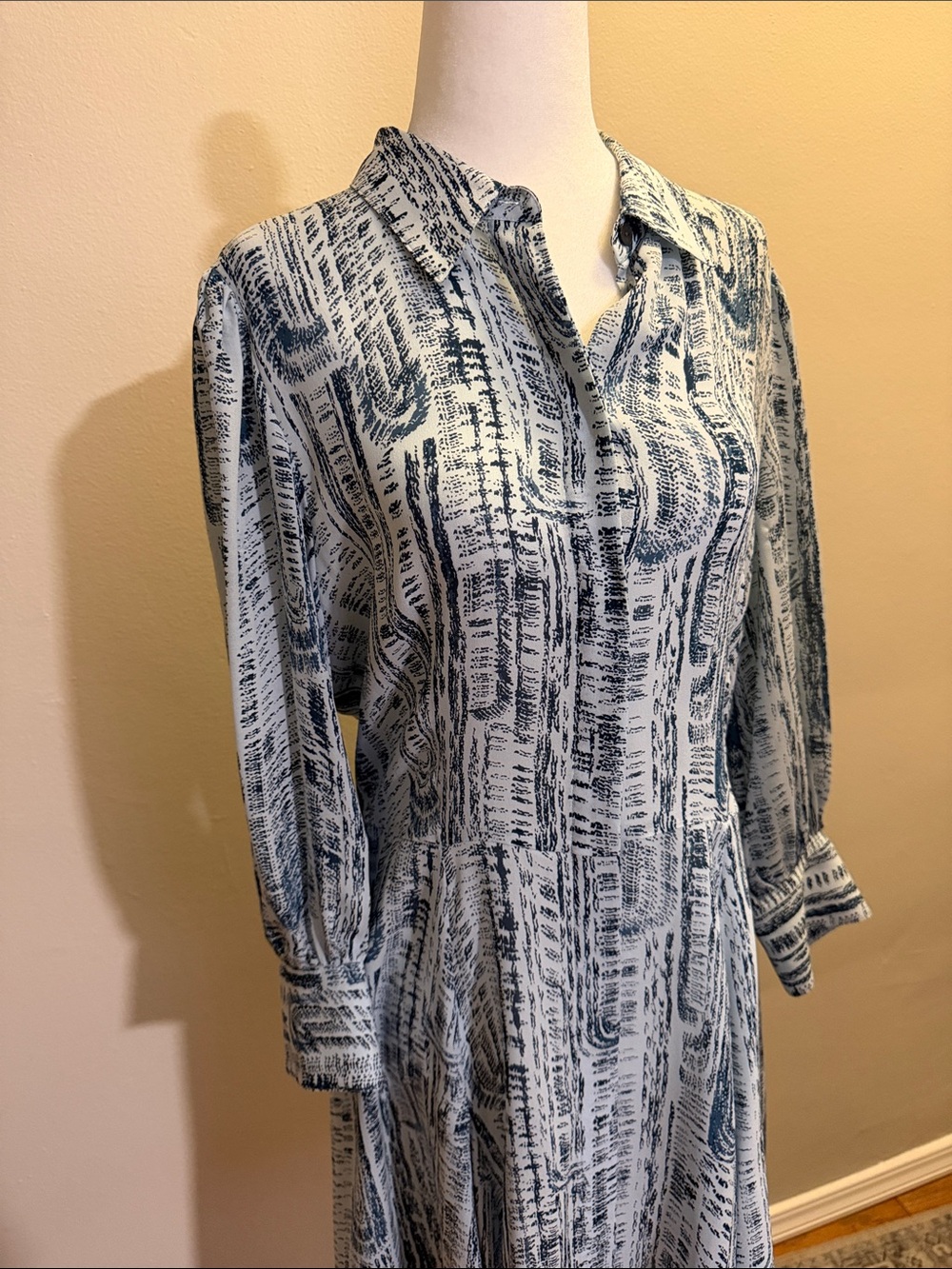 THEORY Blue Patterned Long Sleeve Shirt Dress - 10 - Picture 2 of 5